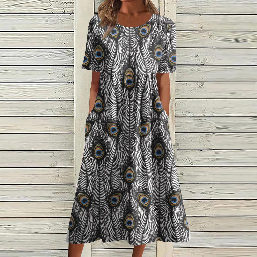 Жен. Повседневные платья Платья с принтами Летние платья С принтами Плиссированные платья-миди с круглым вырезом Классический Классический На открытом воздухе Повседневные С короткими рукавами Свободные платья