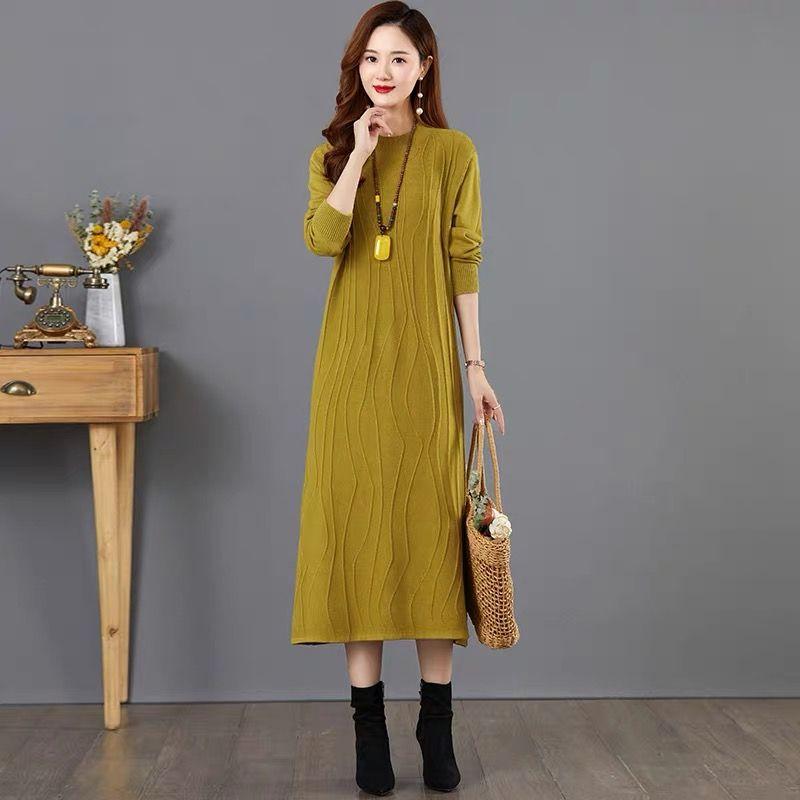 Ретро Художественное Вязаное Платье Женское Внутреннее Платье-Свитер Длинный Трикотаж Осень и Зима Длинный Пуловер Повседневный Пуловер