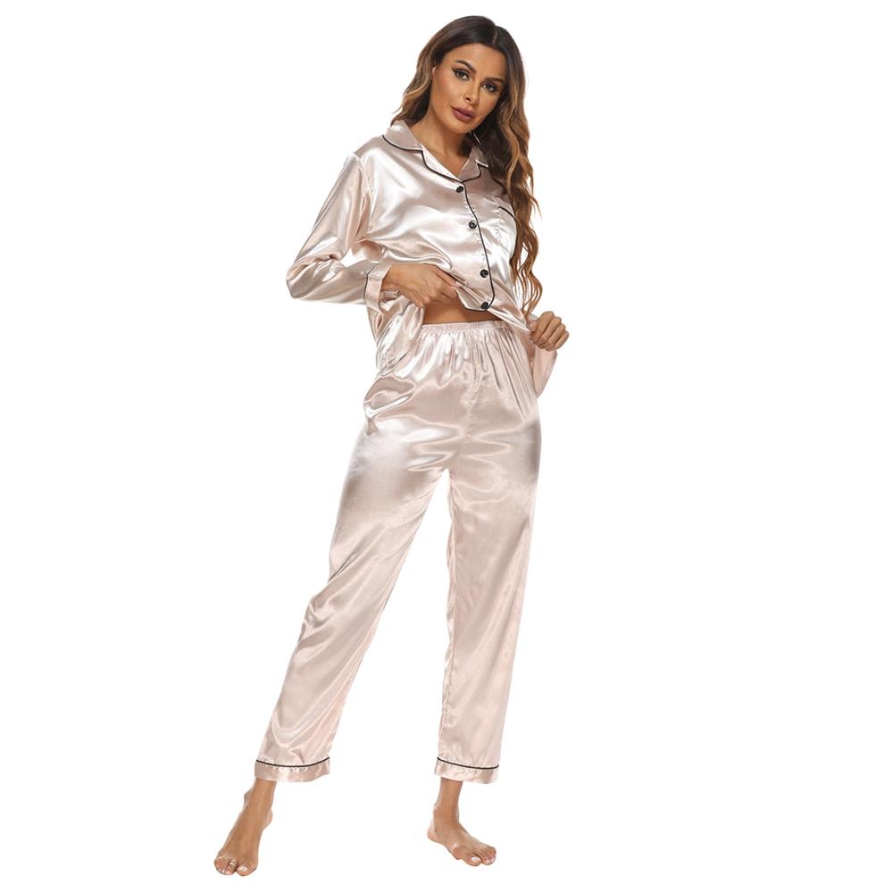 Women's Silk Satin Pajamas Set Button Down Sleepwear Loungewear Ladies Long Sleeve Pajamas Nightgown