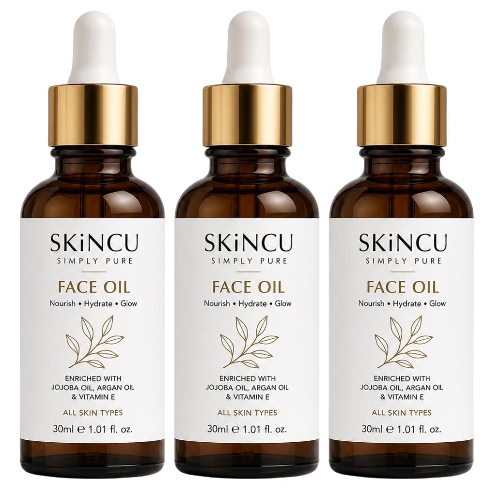 SKiNCU Face Oil with Jojoba Oil, Argan Oil & Vitamin E | Nourishing Hydrating Facial Oil for Dry Skin | Lightweight 30ml X 3