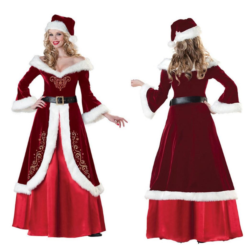 Женский рождественский костюм, красное трикотажное плюшевое платье принцессы на пуговицах с длинными рукавами