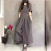 Short Sleeve Wide Leg Overalls Pleated Waist O Neck Loose Casual Gingham Jumpsuits Fashion Women Long