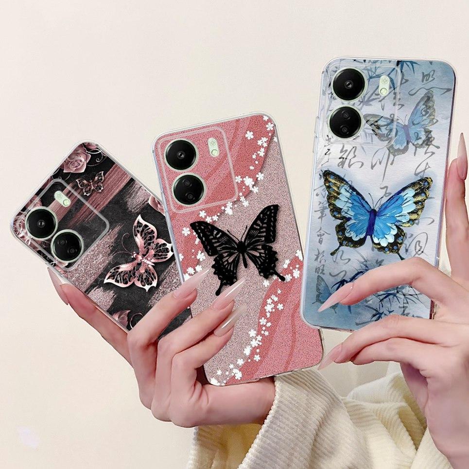 For Xiaomi Redmi 13C 5G 4G  Back Bumper Redmi 13 4G Colorful Butterfly Flower Painting Phone Case Transparent Soft TPU Silicone
