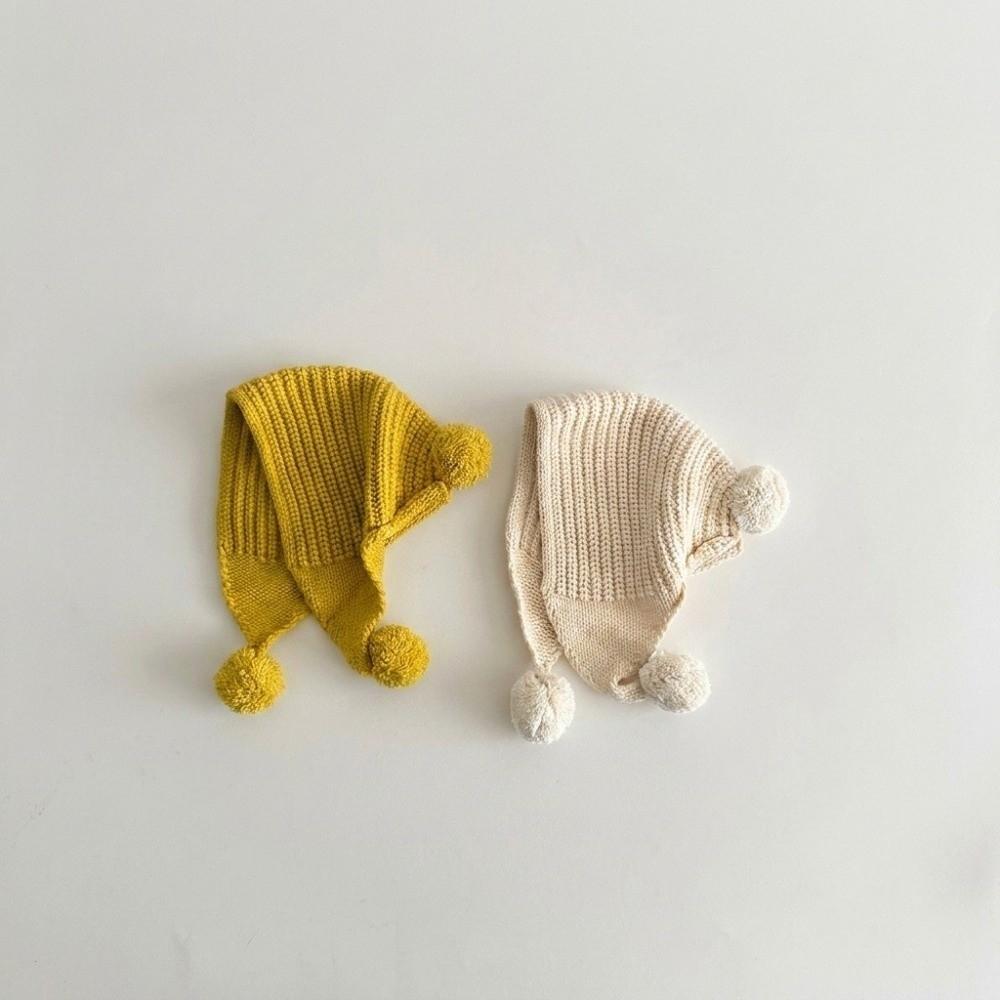 Pom Pom Top Knit Earflap Hat Solid Color Solid Color Beanie Warm Cold-Resistant Hat For Toddlers