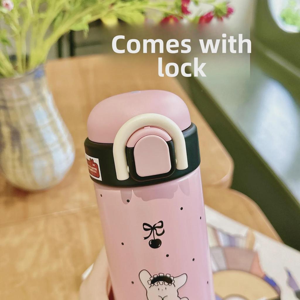 Очаровательная мультяшная термокружка: Портативный, удобный для использования в школе, из нержавеющей стали с откидной крышкой и двойной трубочкой для питья