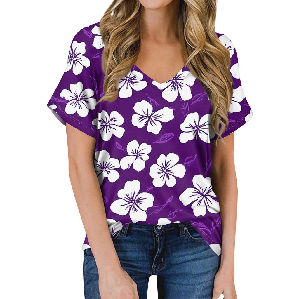 Женская летняя модная повседневная блузка с V-образным вырезом и коротким рукавом с принтом