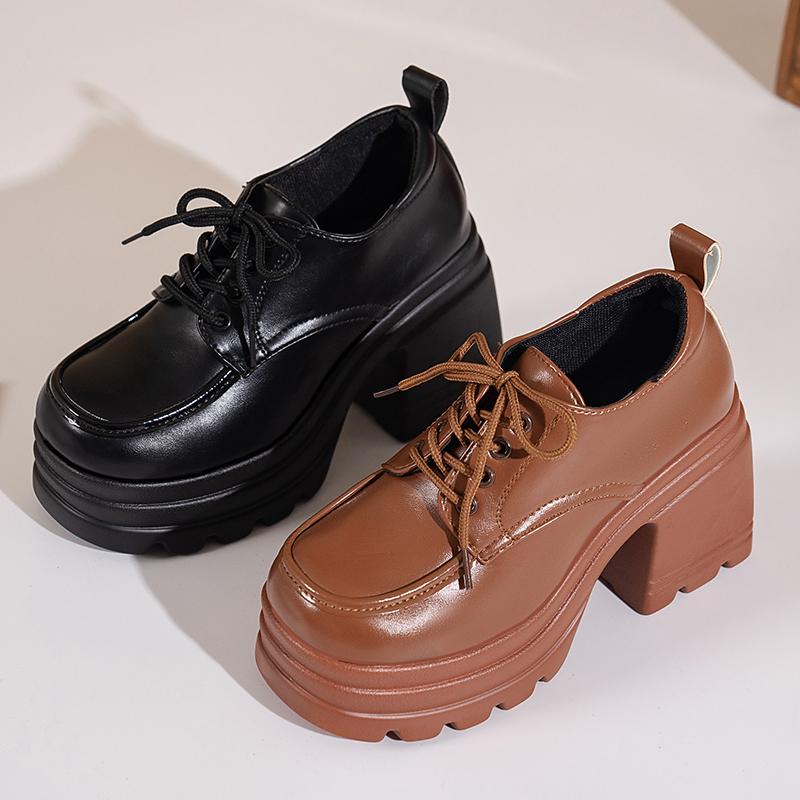 Fashion Women Heels Platform Square Lace Up Party Role Play Uniform Dress Shoe Fashion High Trifle Base Leather Loafers Lolita Mary Jane