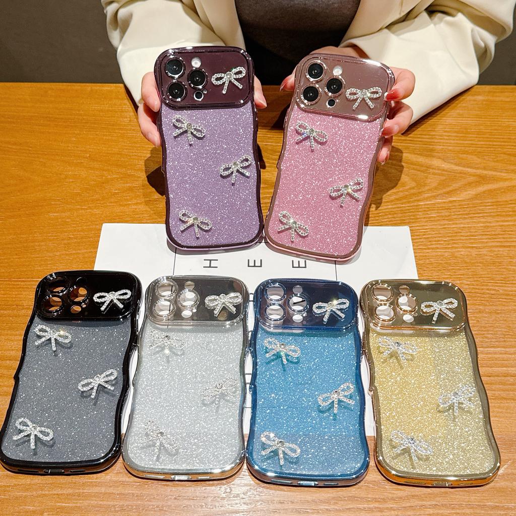 For iPhone 16 Pro Case Electroplated Wavy Frame Glitter TPU Phone Cover with Rhinestone Bow Decor