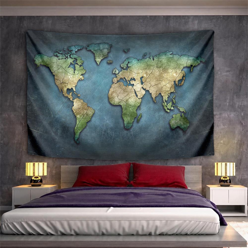 World Map Art Blue Green Earth Patterned Tapestry for Bedroom and Living Room Home Decor Sofas