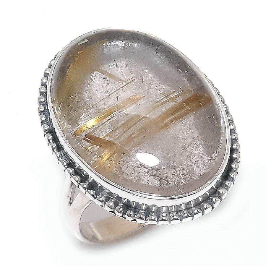 Ювелирное кольцо из чистого серебра 925 пробы с натуральным золотым рутилом ручной работы S.7.5 q8J13