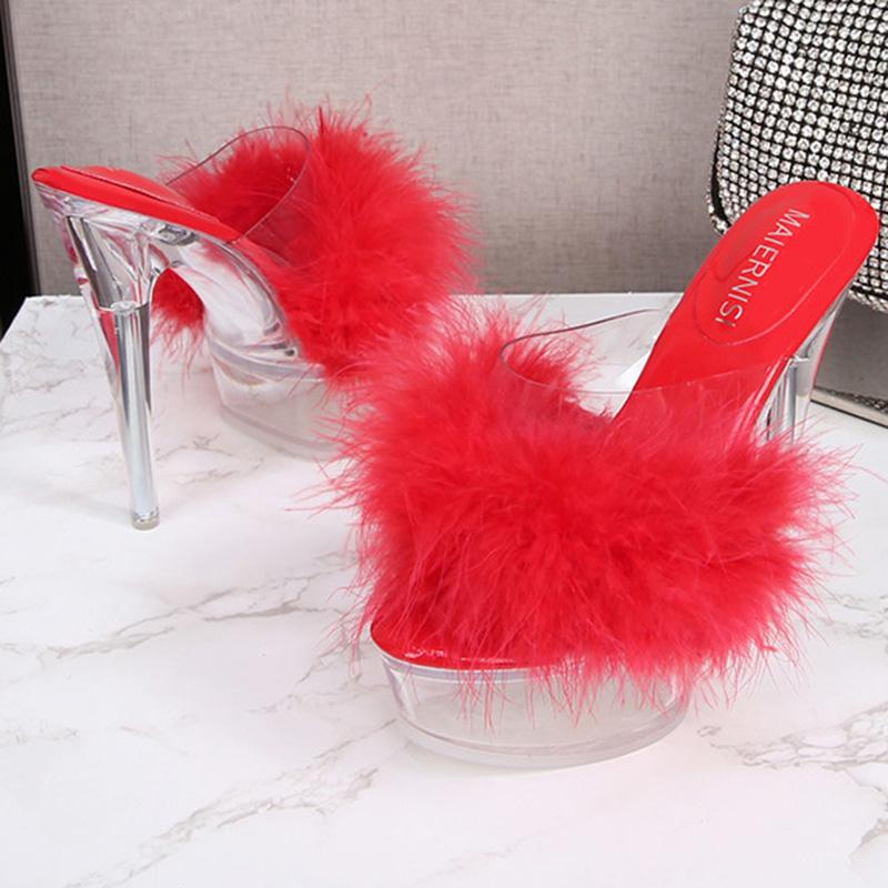Женские туфли на шпильке, прозрачные пушистые пикантные модные сандалии на каблуке 14 см и платформе 4 см WZ