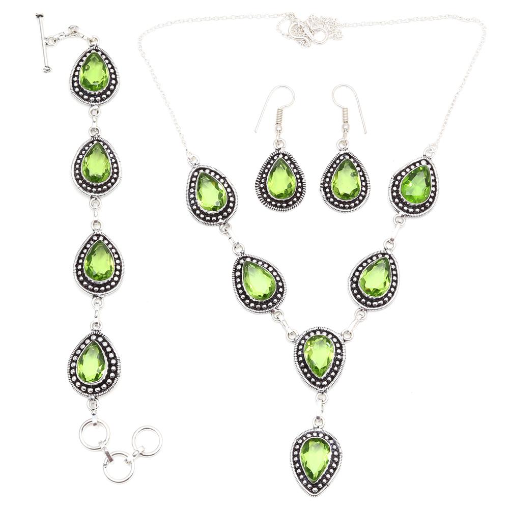 Peridot Quartz Gemstone Friends Jewelry Necklace Set 18-20''
