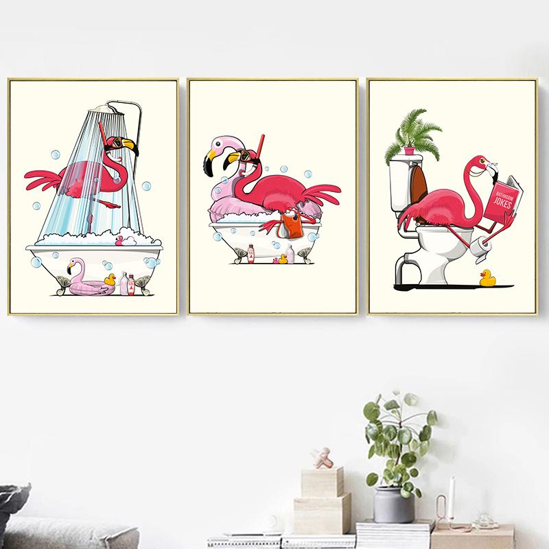 Забавный розовый фламинго с головой в туалете, постеры, холст, картина, скандинавское животное, настенная художественная картина для современной ванной комнаты, украшение для дома