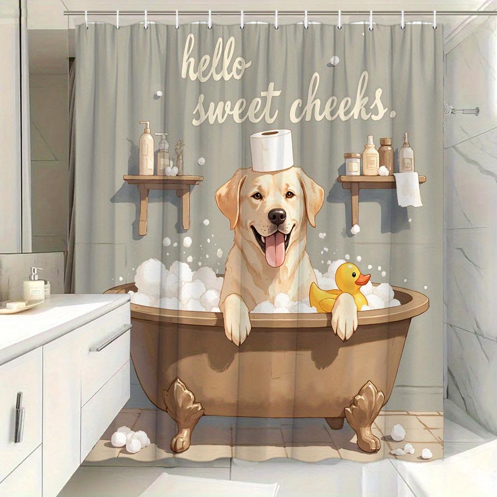 Golden Retriever Shower Curtain Dog in Bathtub with Rubber Duck Print Waterproof Polyester Bathroom Decor