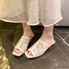 Fashion Transparent Midheel Slippers for Women Fashion Square Head Lace Mesh Set Foot Anti-slip Wear-resistant Sandals