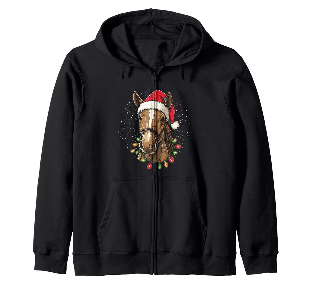 Funny Horse Riding with Santa Hat and Lights Zip Hoodie