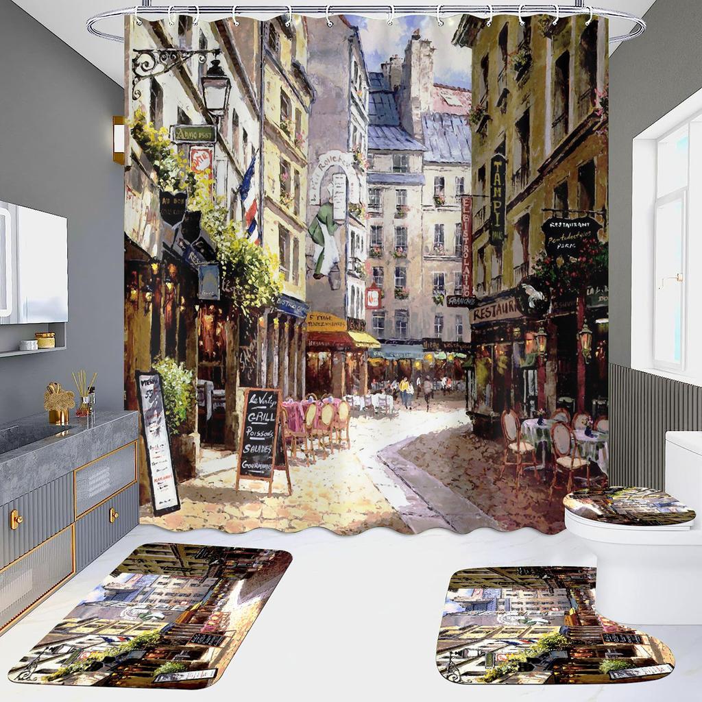 4 шт., наборы занавесок для душа в европейском стиле с архитектурой замка Мандала для ванной комнаты, нескользящие коврики для ванной комнаты, крышка для унитаза, коврик для ванной