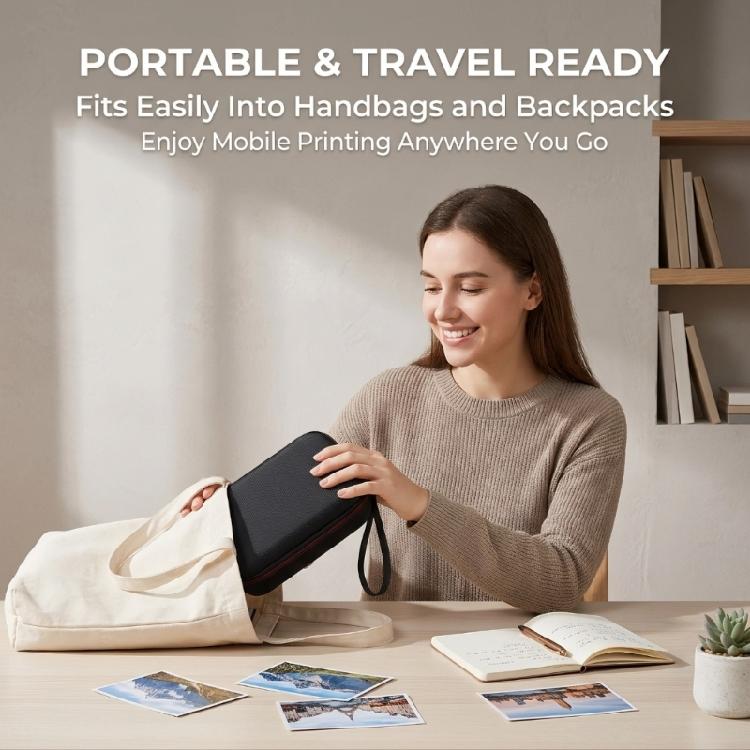 Lid Compartment Portable Photo Printer Box with Interior Device Retainer, Padded Panel, Black Exterior, Hand Carry Grip and Separate Accessory Storage