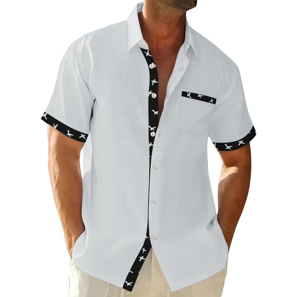 Мужская повседневная деловая рубашка с цветочным принтом и коротким рукавом, мужская рубашка с воротником-лацкан на пуговицах