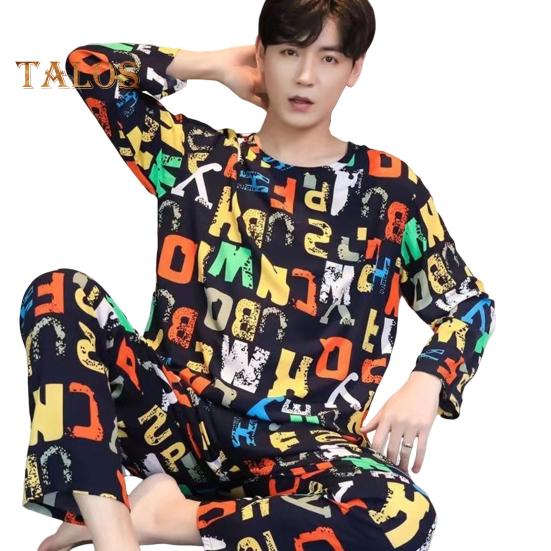 Комплект из 2 предметов: мужская пижама с круглым вырезом, длинными рукавами, полосатым принтом, топами и длинными брюками на эластичной талии, комплект домашней одежды для отдыха