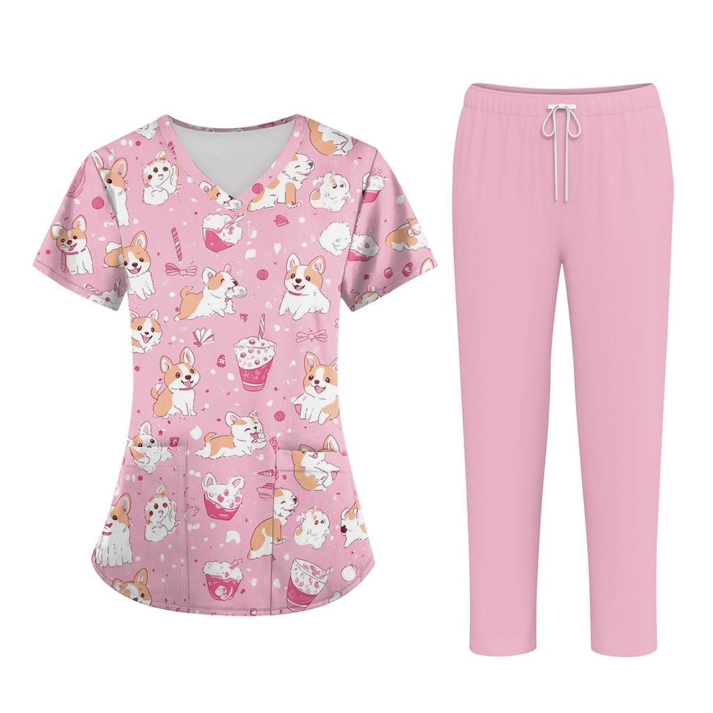 Plus SizePrinted Scrub Working Uniform Tops For Women's Cross V-Neck Halloween Print Short Sleeve Fun T-Shirts Workwear Tee With Pockets