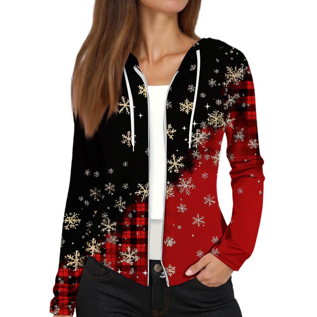 Women's Fashion Christmas Print Casual Zip-Up Long-Sleeved Hooded Jacket