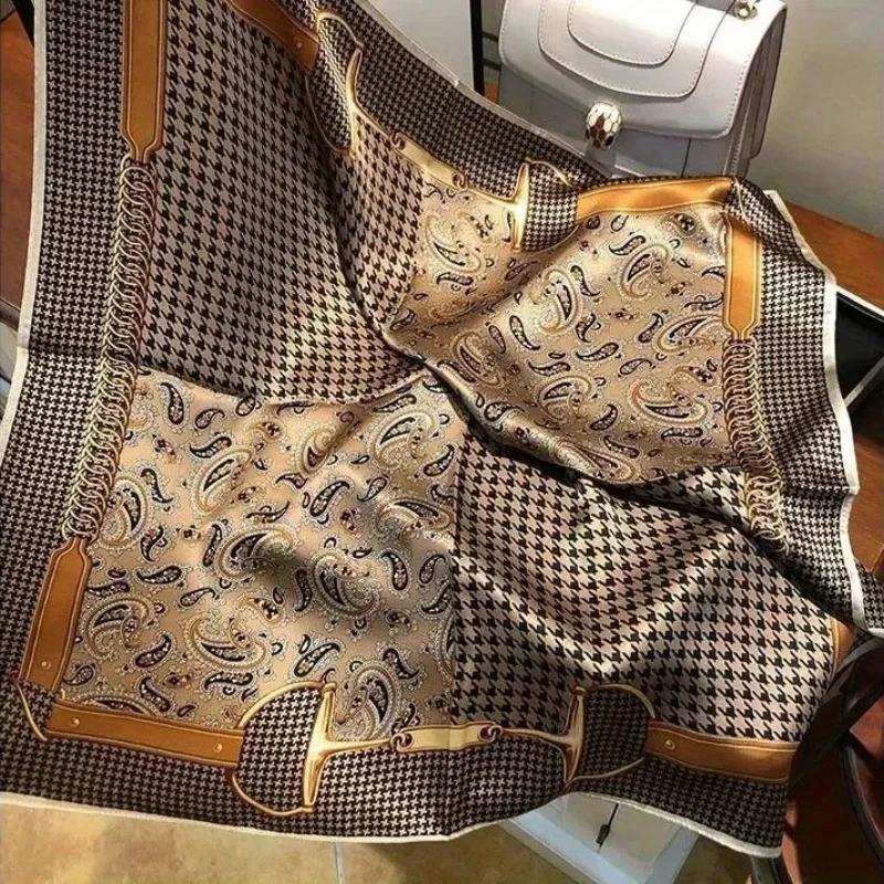 Роскошный квадратный шарф с принтом пейсли и гусиной лапки, мягкий атласный тонкий гладкий шейный платок, винтажный стиль, солнцезащитный платок на голову для женщин