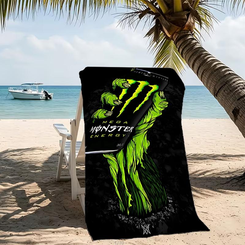 Пляжное полотенце с узором из логотипов Monster Energy - мягкое, впитывающее, можно стирать в машине. Легкое и современное, для плавания, незаменимо в путешествиях