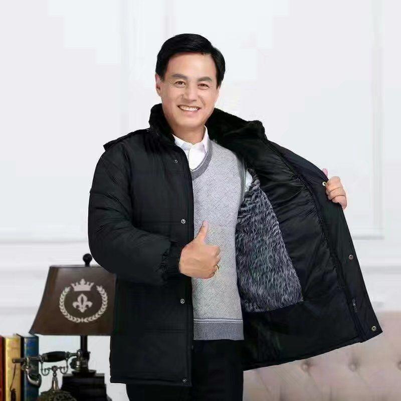 Мужское теплое бархатное хлопковое пальто большого размера - средней длины, свободного кроя для среднего и пожилого возраста