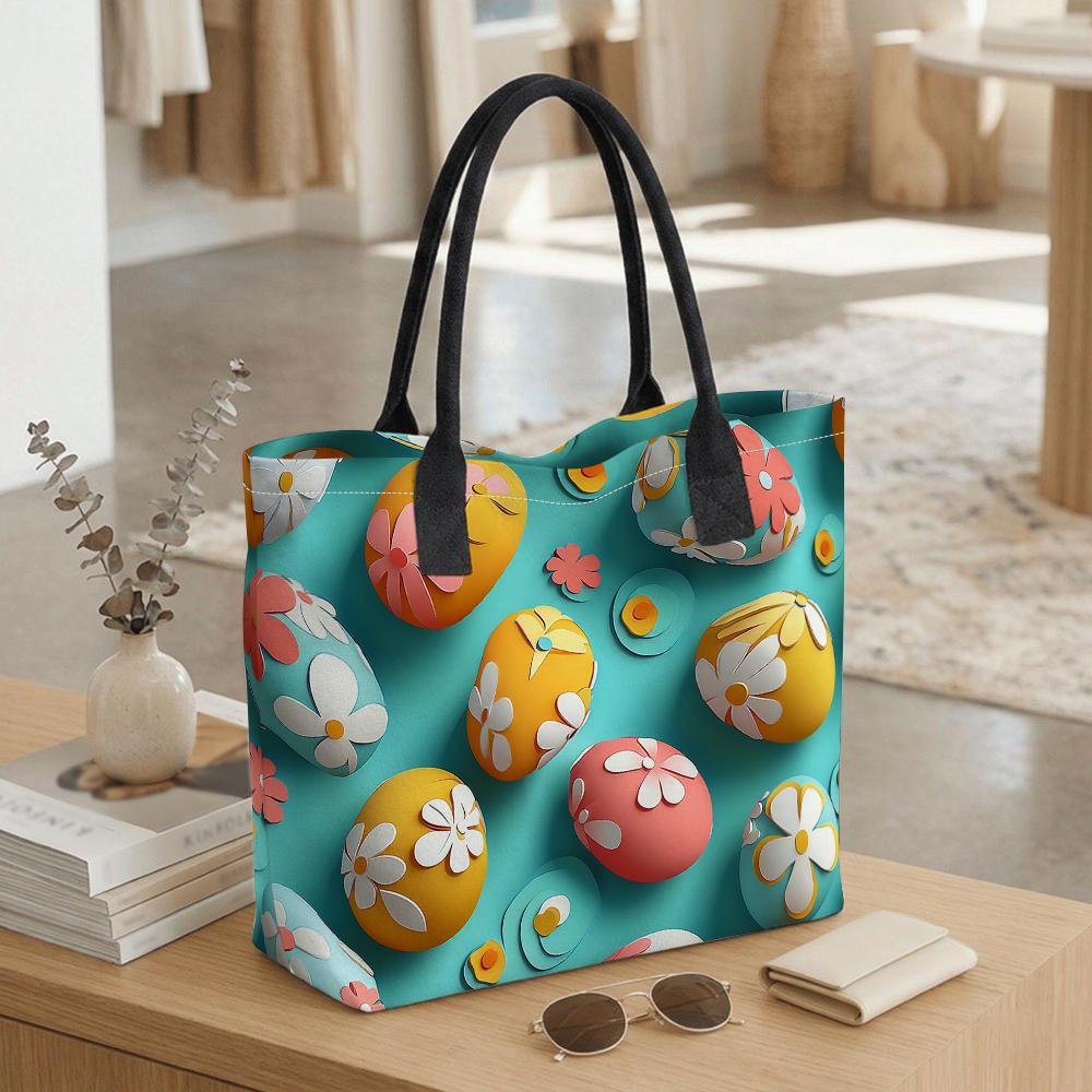 Cute Floral Easter Egg Pattern Tote Bag Stylish Casual Large Capacity Daily Shopping Shoulder Handbag for Women