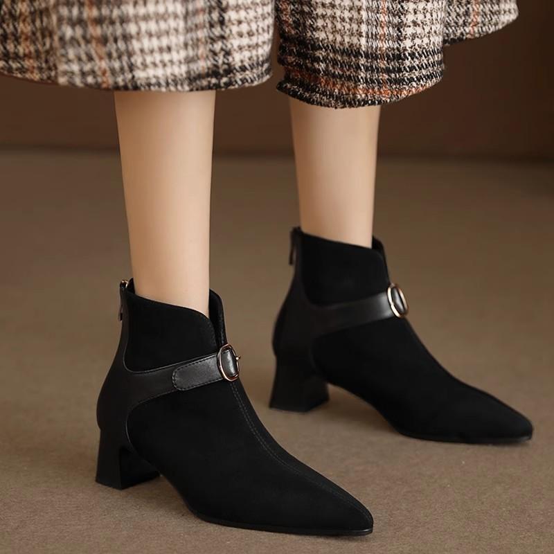 New Autumn Winter Sheep Suede Women Boots Pointed Toe Chunky Heel Boots Genuine Leather Ankle Boot Shoes for Women Handmade