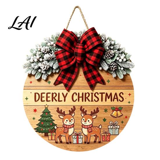 Seasonal Wall Art Christmas Wooden Welcome Sign for Front Door Round Hanging Ornament with Gift Artificial Pine Branches & Bow Decor Holiday