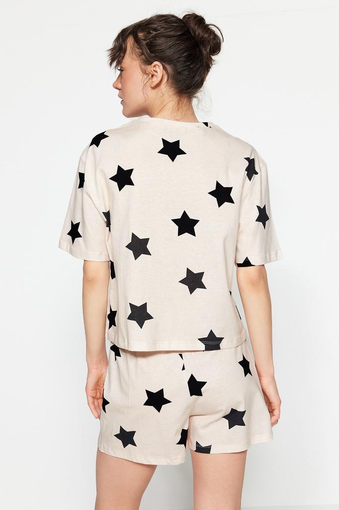 Women's Fashion New Pajama Set Light Pink 100% Cotton Star Patterned Tshirt-Shorts Knitted Pajama Set