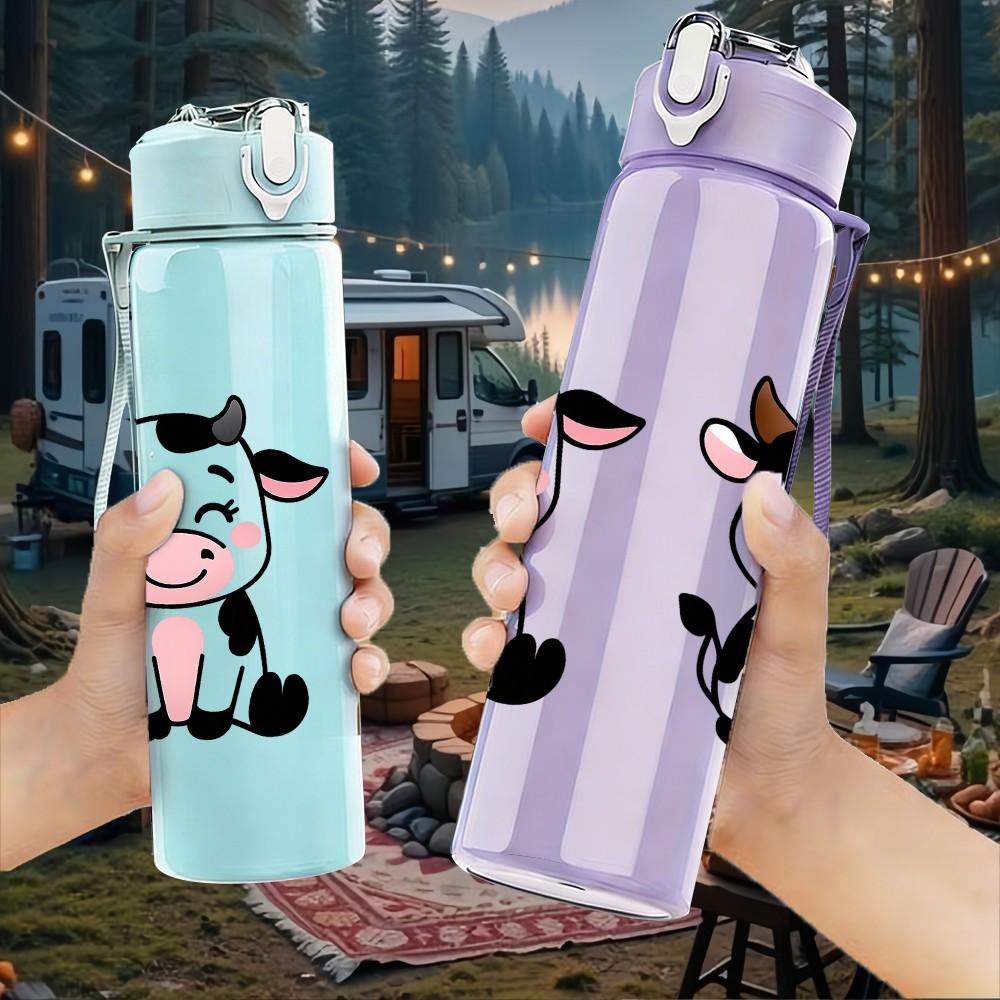 1PC Twin Cow Farm Animal Cartoon Pattern 750ml Color Plastic Sports Water Bottle Leakproof Flip Straw Lid Suitable for Sports Office Home Use