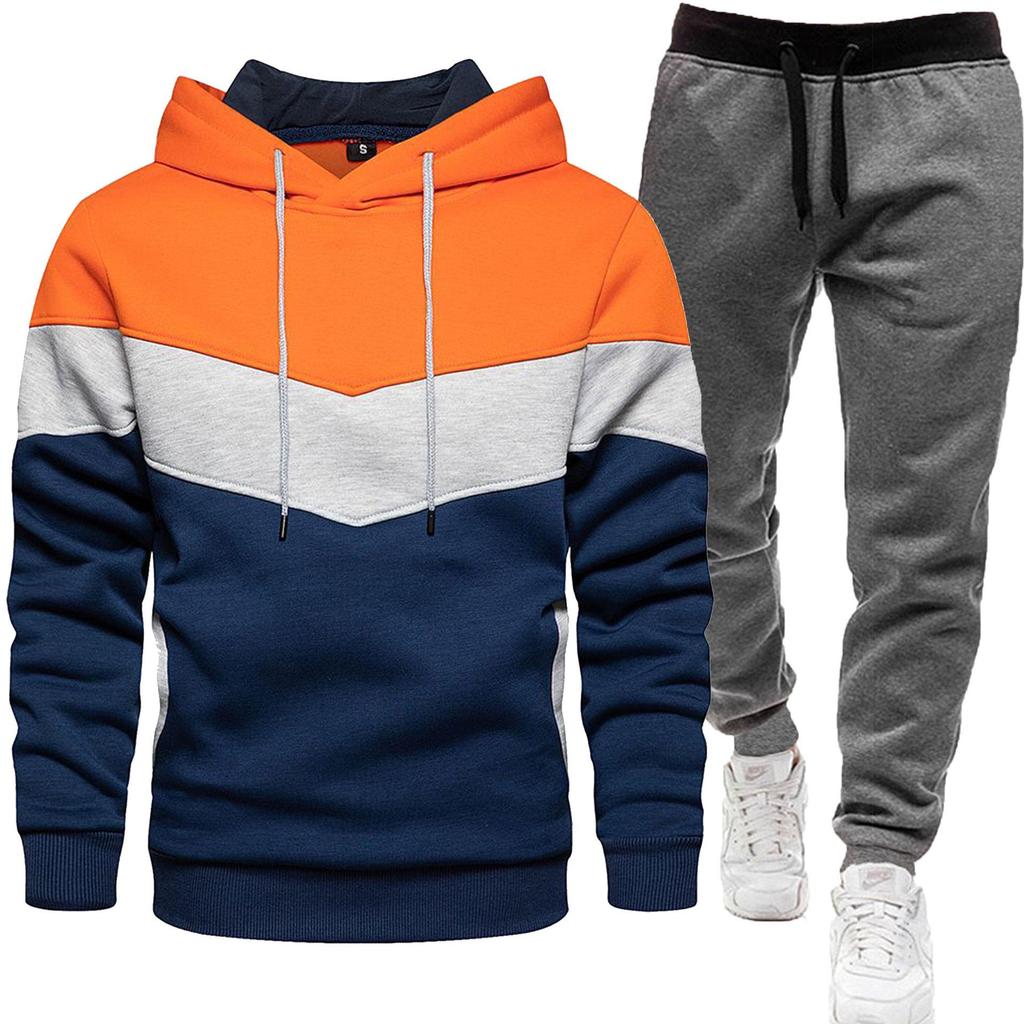 2024 Men's Fashion Spliced Hooded Sweatshirt & Long Pants Two-Piece Sports Suit for Autumn/Spring