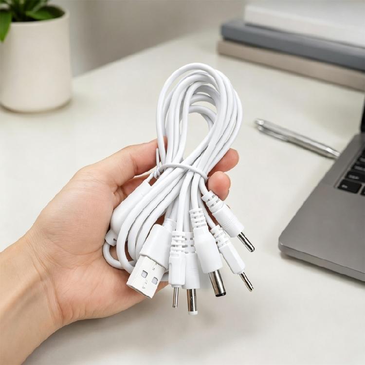 Пятижильный USB-A кабель для зарядки с наконечниками-бочонками DC2.0/DC2.5/DC3.5/DC4.0/DC5.5, ПВХ-покрытием и секциями с защитой от изгиба