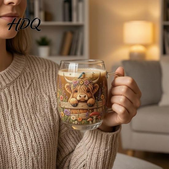 Durable Glass Drinkware 350ML Hand-painted Highland Cow Glass Cattle Coffee Mug Decorative Wine Glasses with Handle Heat-Resistant Tea Milk