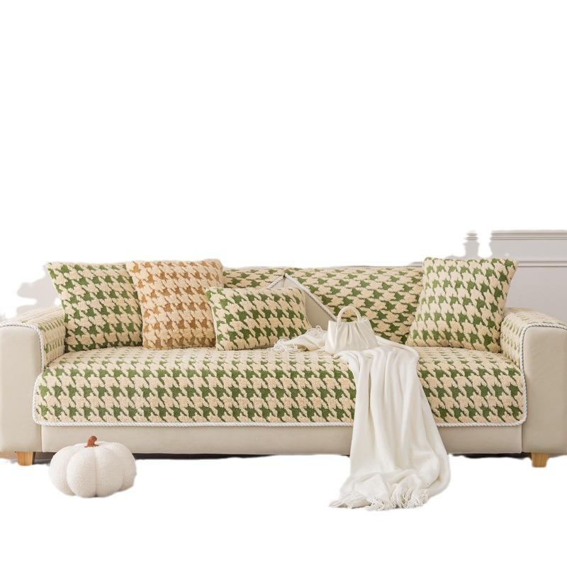New Houndstooth Sofa Cushion Winter Thickened Winter Plush Cushion Anti-slip Leather Sofa Cover Cloth Towel