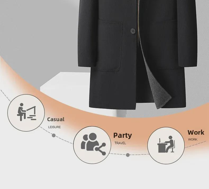 Мужское шерстяное пальто средней длины с капюшоном и большими карманами, осень/зима 2023 года, двухстороннее, ручной работы.