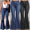 Women's European & American High-Waisted Elastic Flared Jeans - Slimming, Loose Fit with Bead Accents