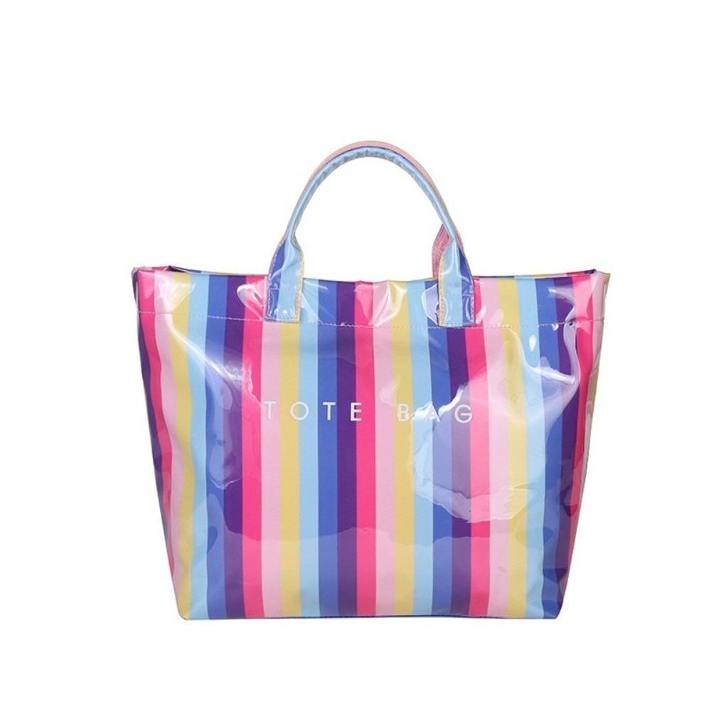 Large Capacity Striped Tote Bag Colorful Shoulder Bag Multi-Functional PVC Handbag Daily