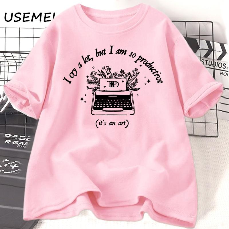 Футболка «Я много плачу, но так продуктивна» Футболки Tortured Poets Хлопковые футболки с коротким рукавом и графическим принтом Летняя женская футболка большого размера