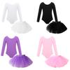 Kids Girls Long Sleeve Round Neck Leotard with Elastic Waistband Tutu Layered Skirt for Ballet Dance Performance