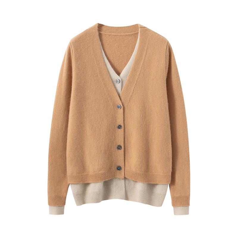 Soft, Skin-Friendly Cashmere Knit Color-Block Cardigan - Single-Breasted, Loose, and Slimming for Autumn/Winter Women's Wear