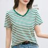 Летняя женская футболка с v-образным вырезом, полосатый топ с короткими рукавами
