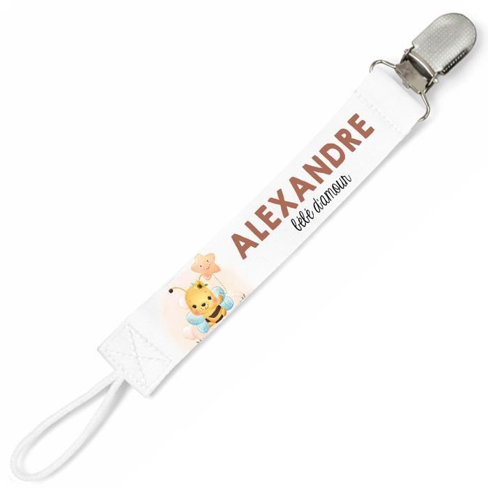 Planetee Attache tétine pour prénom ALEXANDRE bébé d'amour abeille garçon | Attache sucette cadeau naissance