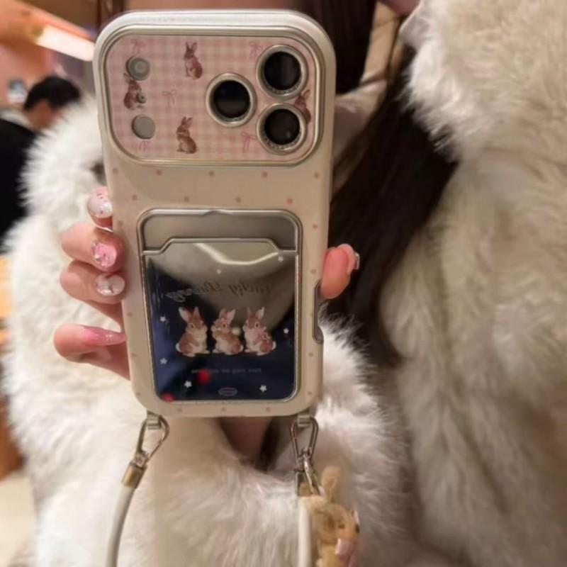 Korean Ins Cute Rabbit Mirror Card Holder Case IPhone 17 Pro Max 16 15 Silicone Full Cover