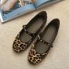 Sheepskin Version~ Super Soft-soled Leather Leopard Print Mary Jane Shoes Women's Single Shoes Ballet Flat Shoes One-word Buckle Belt Ladyshoes
