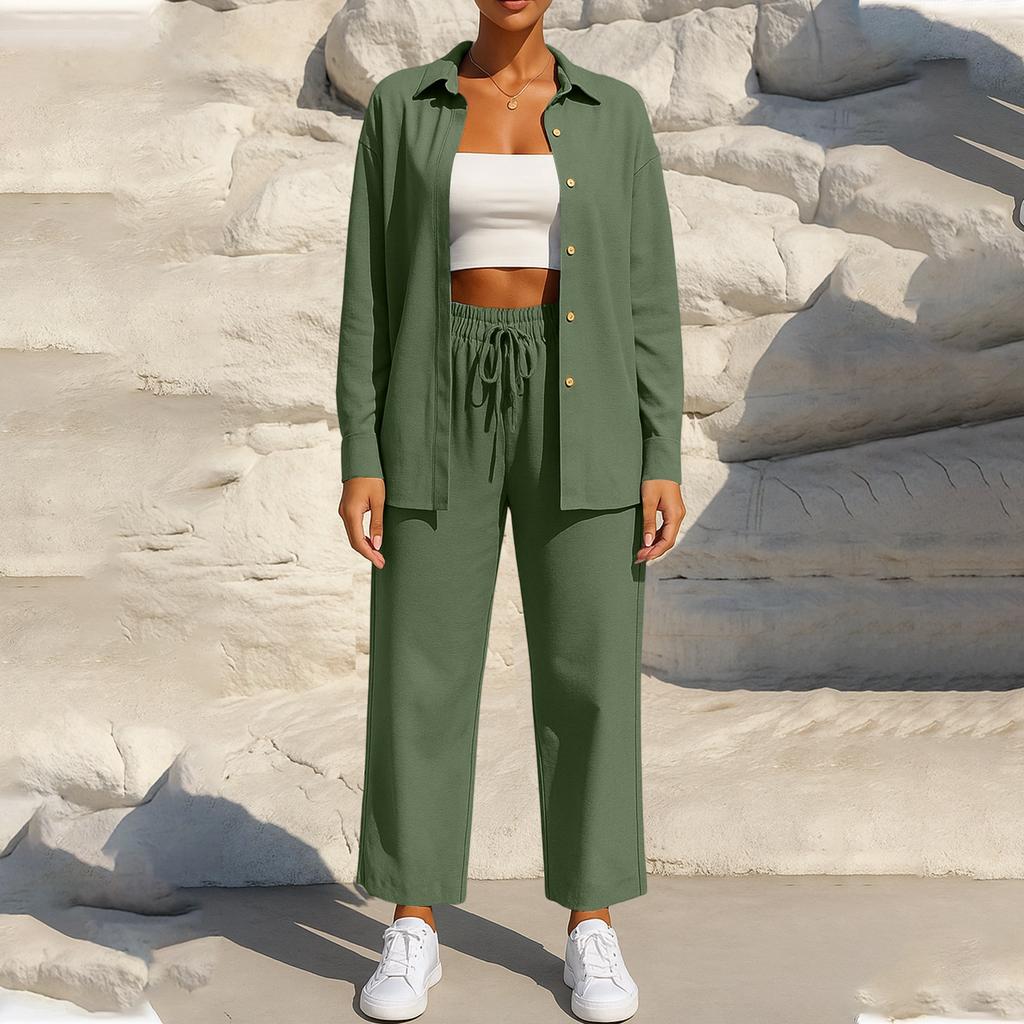 Women's Fashion Solid Color Long Sleeved Button Cardigan Top Elastic Waist Casual Pants Two-piece Set