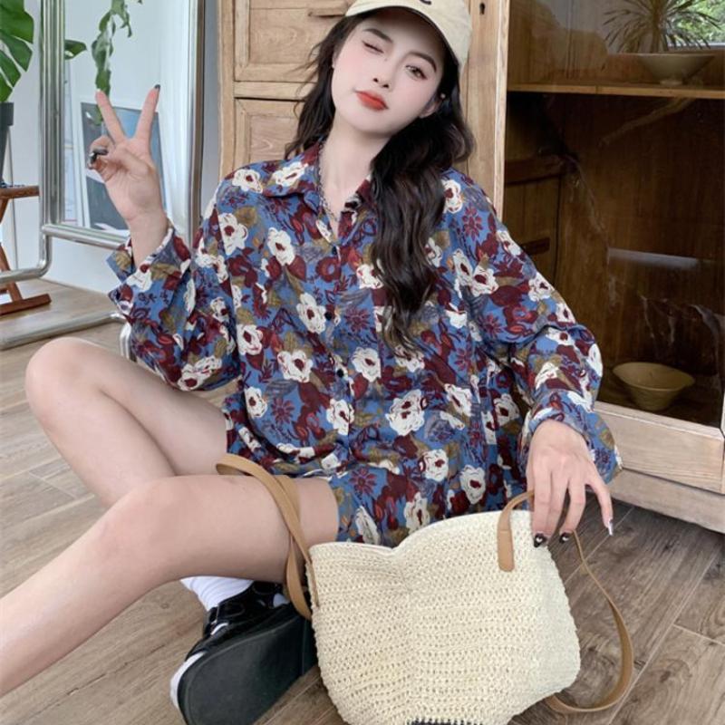 Port-style Floral Shirt for Women Retro Long-sleeved Loose and Lazy-style Printed Top Coat